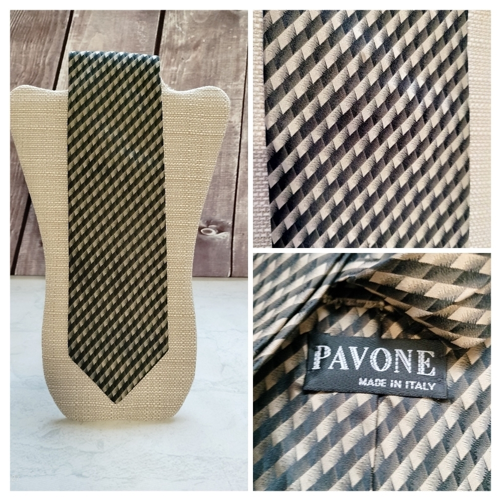 Pavone Black Taupe Men's Silk Tie Necktie Stripe Checks Made in Italy Formal
